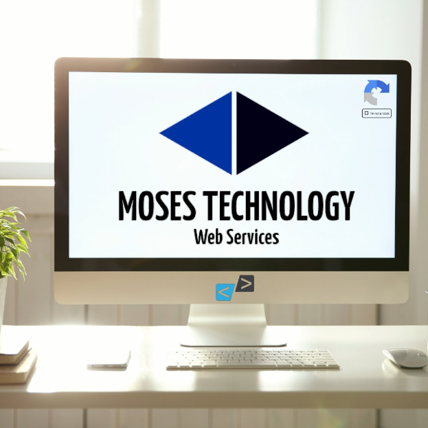 Desktop computer setup on a desk near a window, featuring a monitor displaying "Moses Technology Web Services," keyboard, mouse, mobile phone, books, and a potted plant.