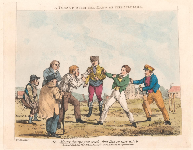 Eine Gruppe von Männern, die Cricket in einer ländlichen Umgebung spielen, wobei ein Batter einen Schläger hält, Häuser und Bäume im Hintergrund und ein klarer blauer Himmel darüber. Unten steht der Text "Ein Treffen mit den Jungs des Dorfes."