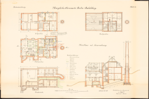 Ein altes Buch mit einer Zeichnung des ursprünglichen Plans der Königlichen Hermwerk Berlin-Baklberg, mit detaillierten Plänen und Text.