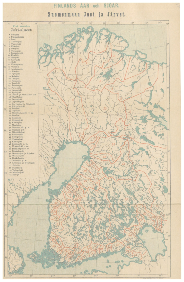 Alte Finnlandkarte mit roter Linie, auf altem Papier mit Text bedruckt.