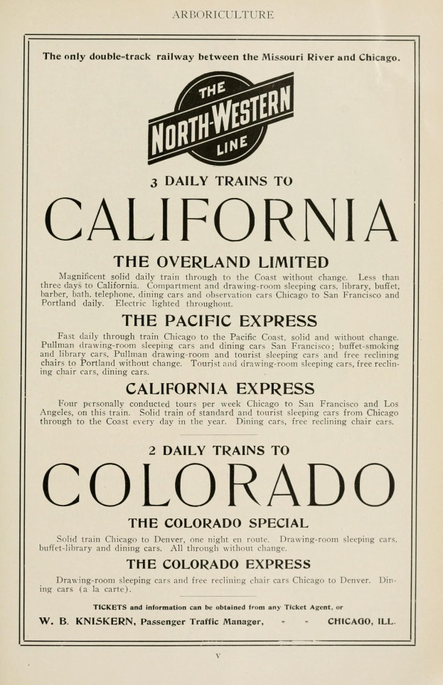 Zeitung mit gedrucktem Text, der drei tägliche Züge ankündigt: The Overland Limited, The Pacific Express und Colorado auf der North Western Line.