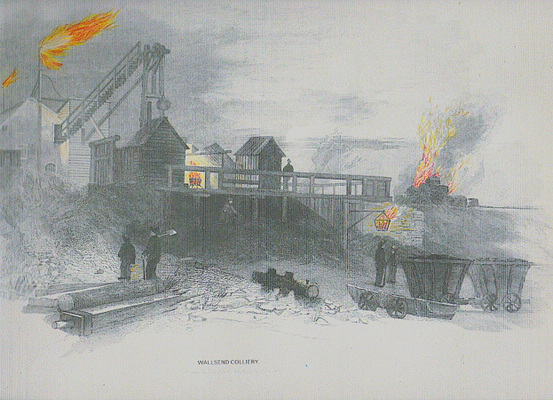 Eine Zeichnung eines Kohlebergwerks mit einem Feuer im Hintergrund, umgeben von Häusern, Menschen, Karren und anderen Gegenständen, mit Text unten.