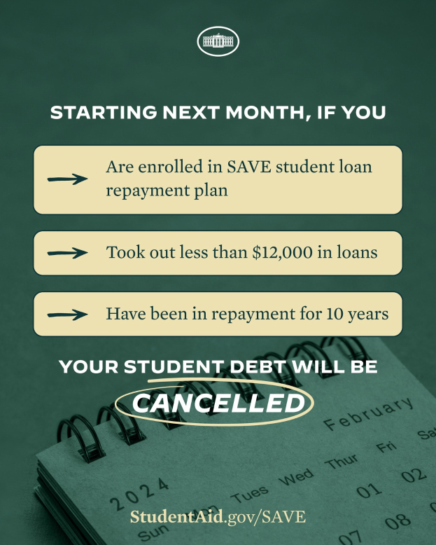 Plakat, das die Stornierung von Studienkrediten für alle angekündigt, die ab nächsten Monat im Save Student Loan Repayment Plan teilnehmen.