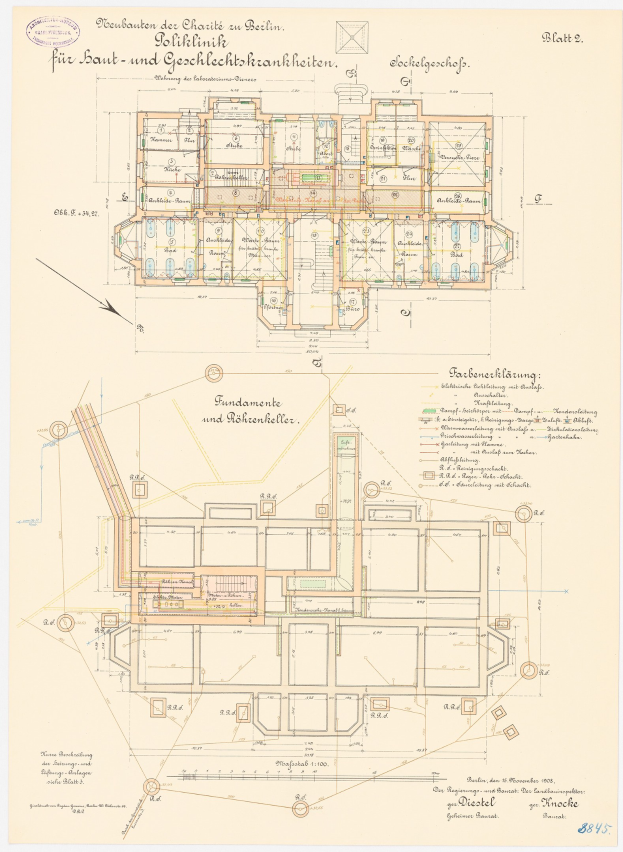 Black and white architectural drawing of a detailed floor plan with numerous labeled rooms, believed to be the Church of the Holy Sepulchre in Berlin, including text annotations.