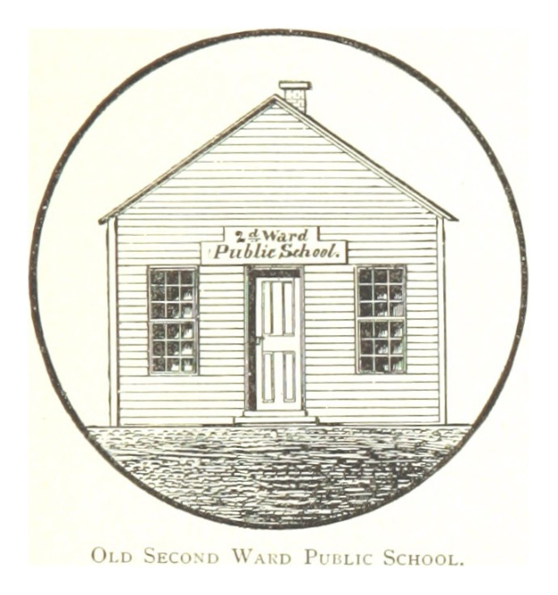 Ein zweistöckiges Backsteinschulgebäude mit einem zentralen Haus, das eine Tür und Fenster aufweist, beschriftet mit "Second Ward Public School."