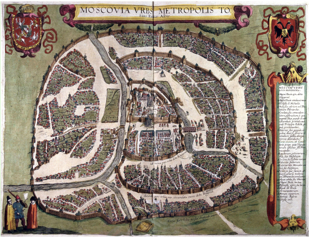 Detailierte Poster-Karte von Moskau, Russland, mit Straßennamen, Sehenswürdigkeiten und Bildern von Menschen, begleitet von erklärendem Text.