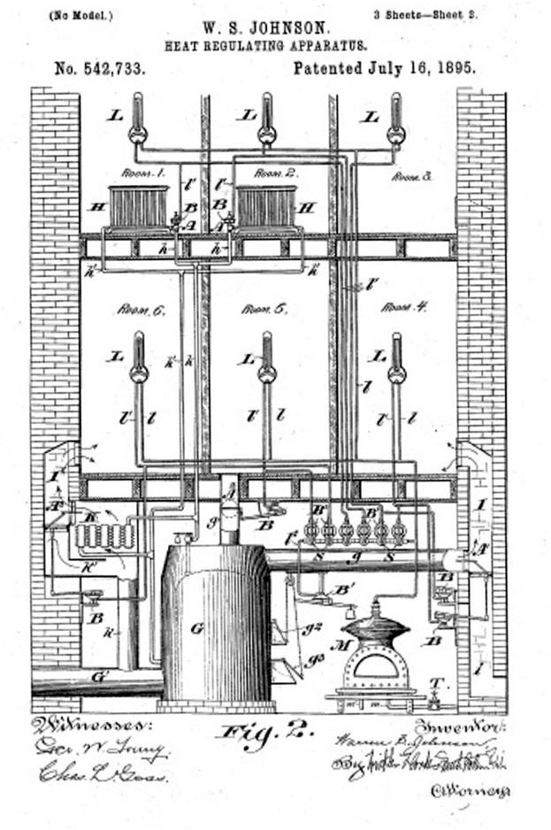 Ein detailliertes technisches Zeichnung einer wärme regulierenden Vorrichtung aus dem Jahr 1885, mit zahlreichen Rohren und Ventilen, begleitet von erklärendem Text.