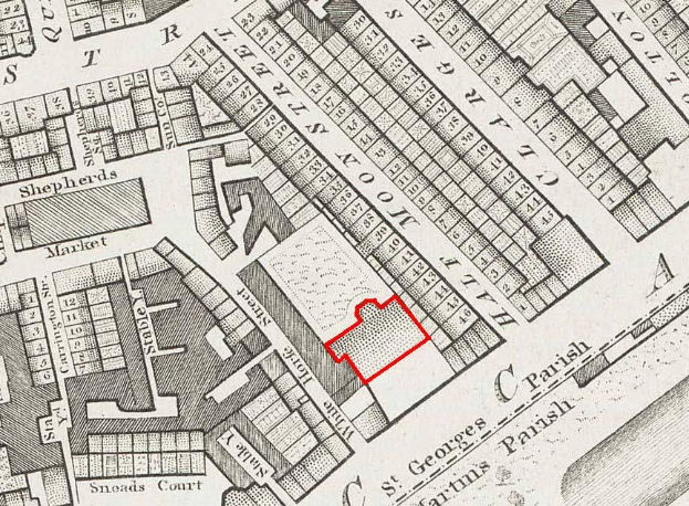 Alte London-Karte mit einem roten Quadrat, das die Lage der St. Georgs-Kirche markiert, auf Papier gedruckt mit begleitendem Text.