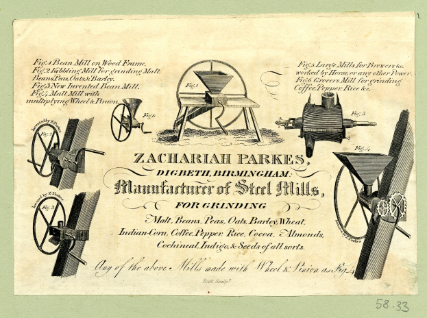 Advertisement featuring images of steel mills and text for Zachariah Parkes, a manufacturer of grinding steel mills.