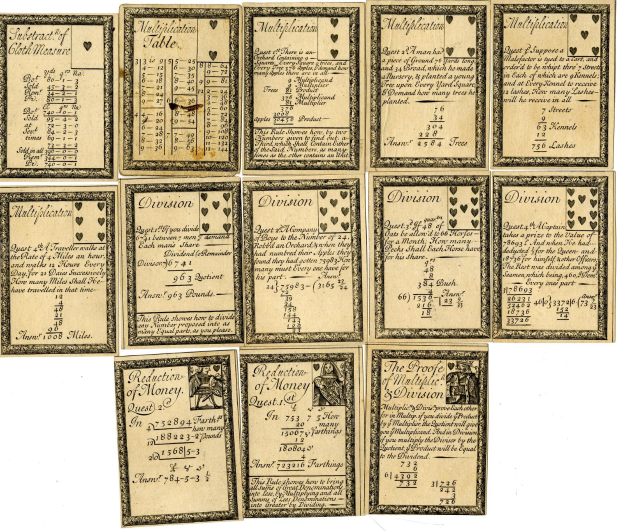 Eine Sammlung alter Spielkarten mit Zahlen und Text auf einem weißen Hintergrund.