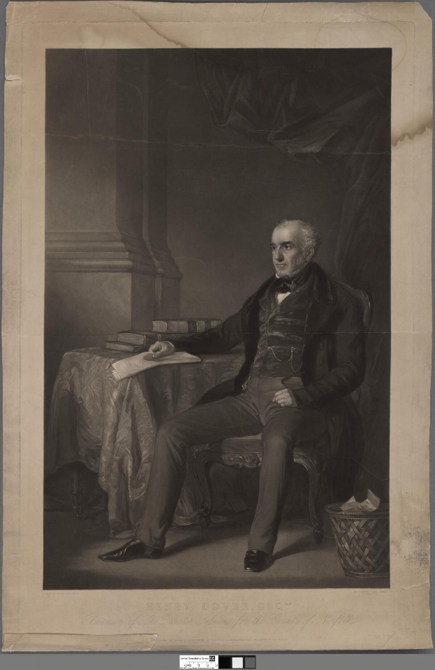 Porträt von Henry Dover, dem ersten Präsidenten der Vereinigten Staaten, der an einem Tisch sitzt und ein Buch hält, mit einem ernsten Gesichtsausdruck, umgeben von Büchern und einem Korb mit Papieren.