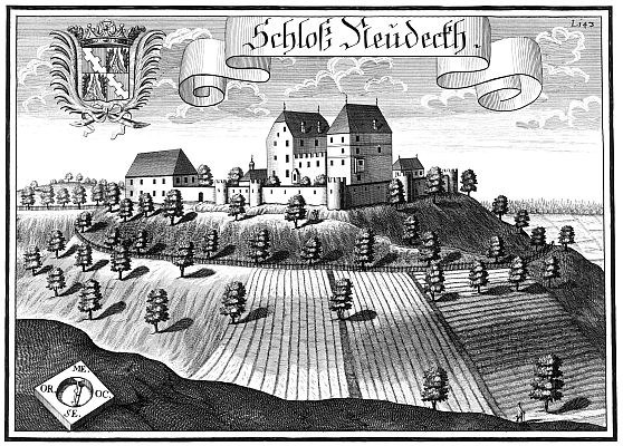 Black and white engraving of Schlof Steideeth castle in a field surrounded by trees and plants, with a logo and text reading "Schlof Steideeth, Germany" at the top.