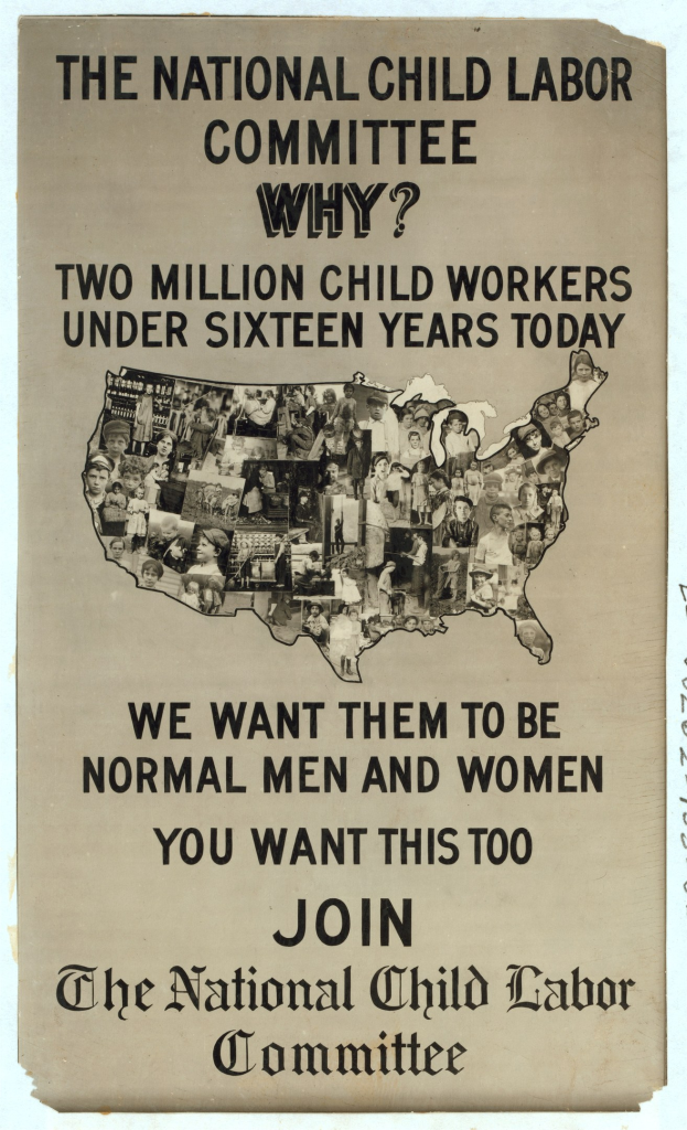 Plakat mit der Aufschrift "Nationaler Ausschuss für Kinderarbeit: Warum? Zwei Millionen Kinderarbeiter unter sechzehn Jahren heute" mit einer USA-Karte und Illustrationen von Ausschussmitgliedern.