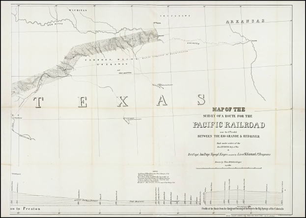 Kartenskizze mit schwarzem Rand betitelt 'Survey of the route for the Pacific Railroad between the Rio Grande and the Red River in Texas', die den Weg der Eisenbahn mit detaillierten Textanmerkungen zeigt.