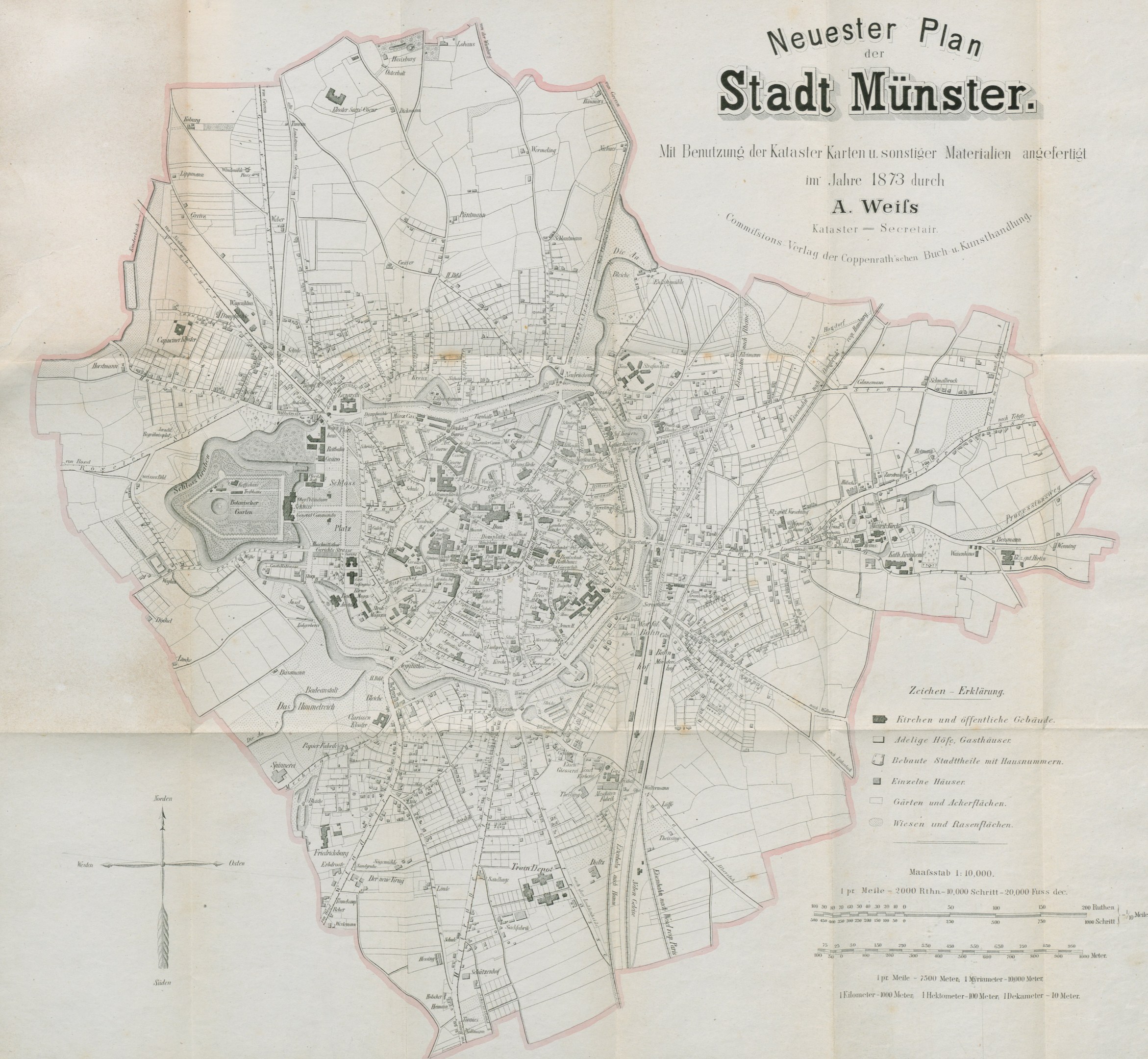 Detailed 1873 map of Stadt Münster, Germany, showing text and city layout.