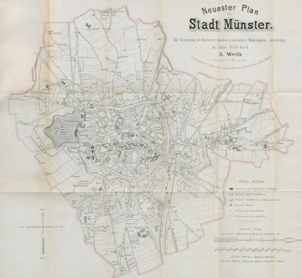 Detailed 1873 map of Stadt Münster, Germany, showing text and city layout.