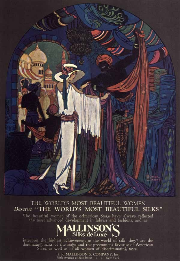 Werbung für Mallinson's Silks de Luxe mit einem Bild einer Frau in einem weißen Kleid mit anderen Personen und einem Gebäude im Hintergrund, Text lautet "Die Schönsten Frauen der Welt".