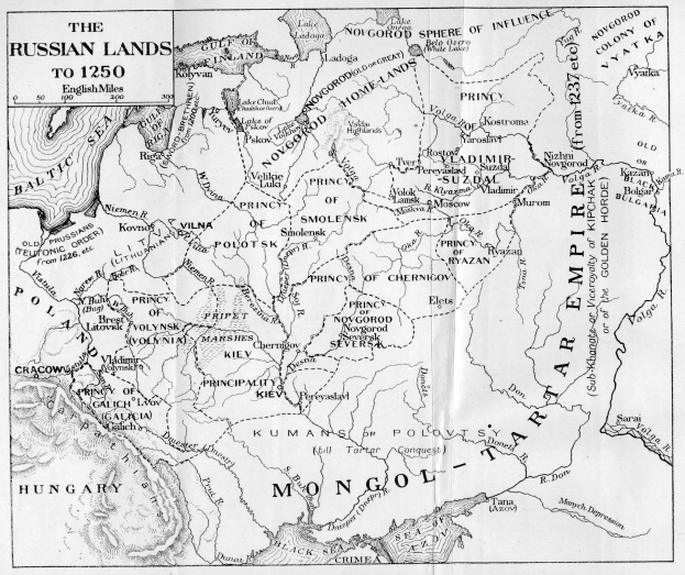 Detailierte Landkarte Russlands um 1250 auf Papier mit begleitendem erklärendem Text.