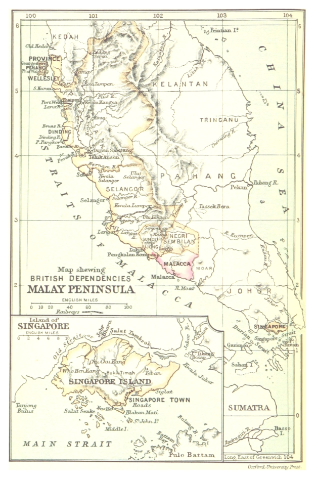 Ein detaillierter historischer Stadtplan von Malaysia mit britischen Kolonialgebieten, die hervorgehoben sind, zeigt Provinzen, Städte, Hauptstädte und geografische Merkmale.