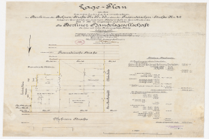 Ein altes Dokument mit einer Karte des Berliner Handelagellachaft-Geb├Ąudes, mit Text und einem Stempel auf der linken Seite.