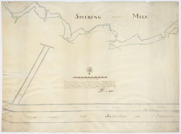 Detailed map of Spiering and Meer with streets, buildings, and landmarks, accompanied by text about the city's population, location, and history.