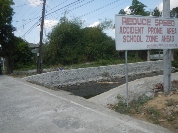 A road sign reading "Reduce Speed Accident Prone Area School Zone Ahead" with a person standing nearby, trees, utility poles, wires, a house, and sky in the background.