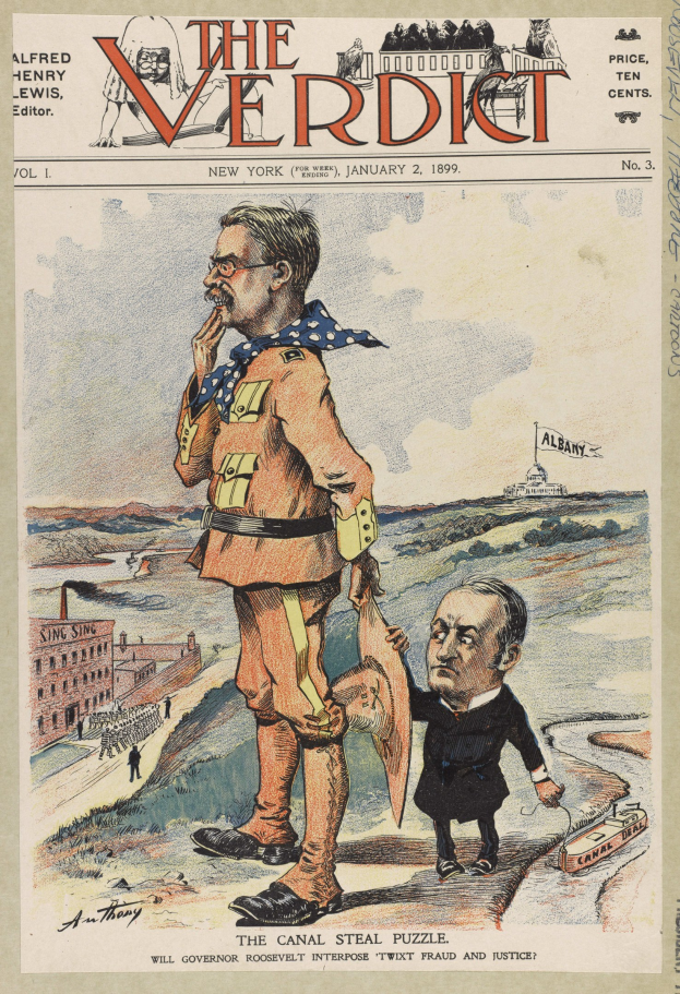 Cartoon-Cover eines Buches mit dem Titel 'The Verdict', das einen strengen Mann in einem Anzug und ein neugieriges Kind zeigt, das zu ihm aufschaut.