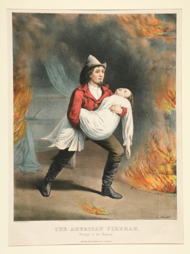 Amerikanischer Feuerwehrmann trägt eine Frau auf den Armen inmitten von Feuer und Rauch, mit dem Text "Der amerikanische Feuerwehrmann, schnell zur Stelle" unten.