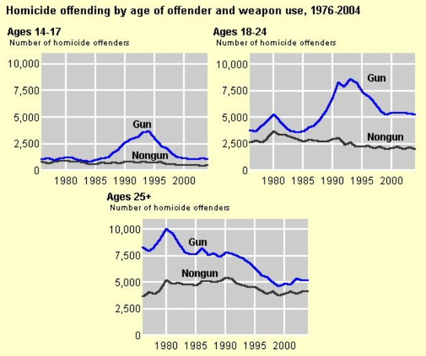 Graphik, die die Homicid-Täterschaft nach Alter des Täters und Waffengebrauch von 1976 bis 2004 zeigt, mit begleitendem erklärendem Text.