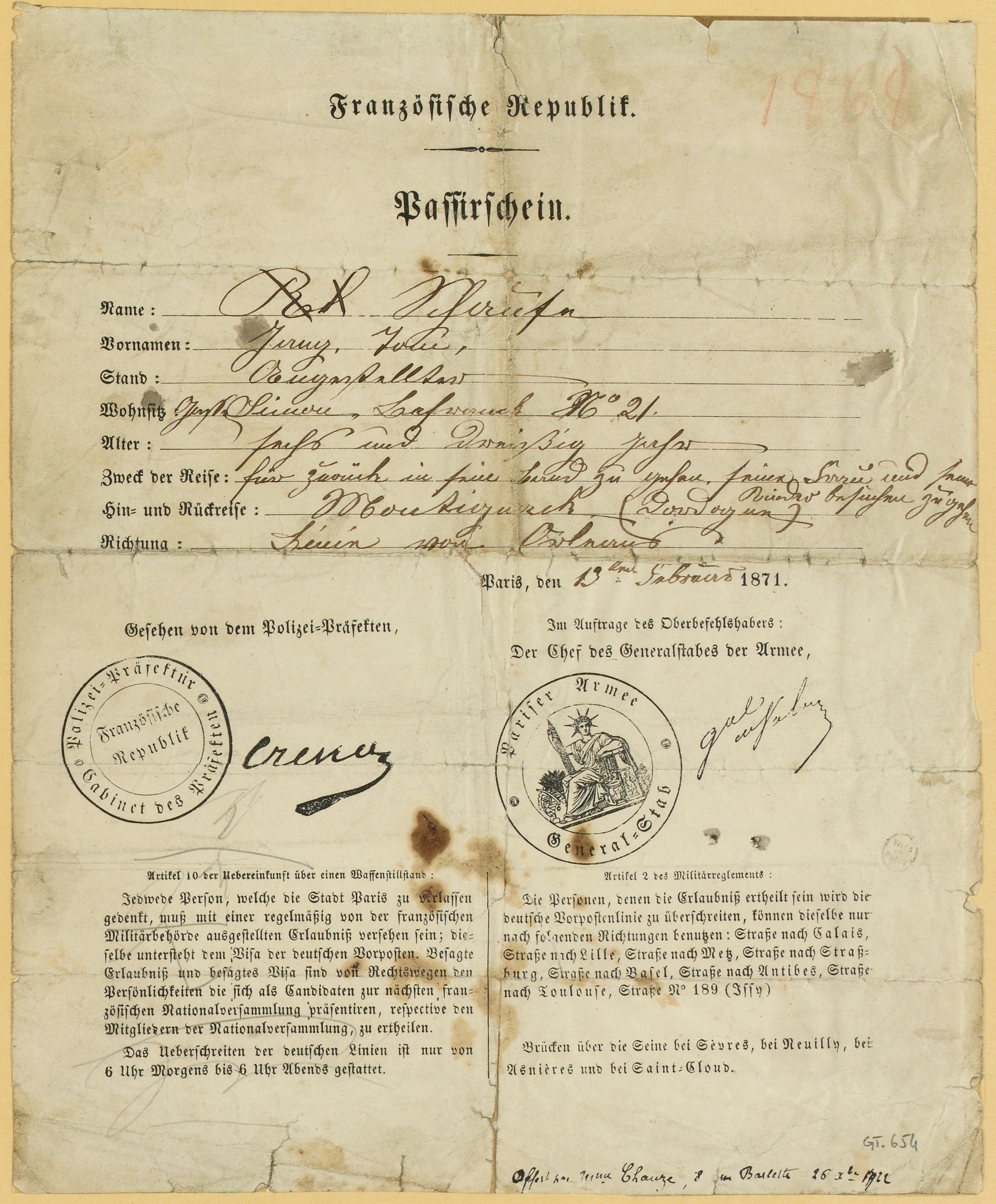 Gelblicher deutscher Regierungsbrief mit rundem schwarzumrandetem Stempel und schwarzer Tinte.