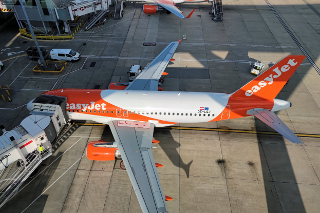Ein weißes easyJet-Flugzeug auf dem Rollfeld eines Flughafens mit verschiedenen Bodenbetriebsfahrzeugen und -geräten in der Nähe, vor einem Flughafengebäude im Hintergrund.