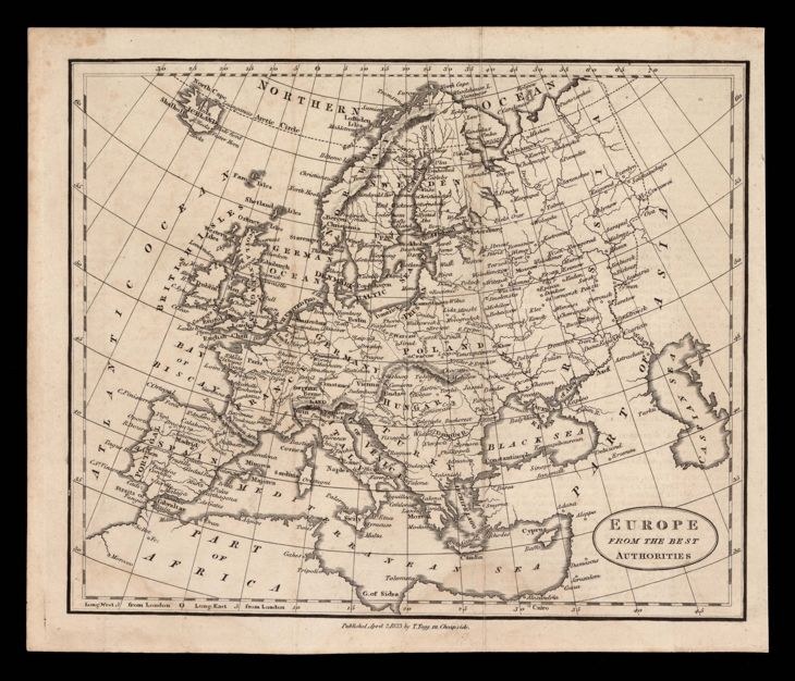 Eine detaillierte Karte von Europa mit einem schwarzen Hintergrund, die verschiedene Länder und Regionen mit Textbeschriftungen anzeigt.