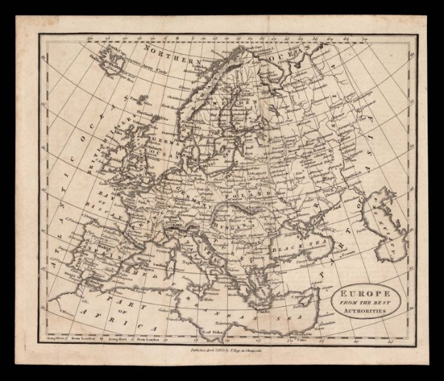 Eine detaillierte Karte von Europa mit einem schwarzen Hintergrund, die verschiedene Länder und Regionen mit Textbeschriftungen anzeigt.