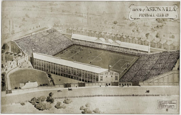 Schwarze und weiße Illustration des historischen Stadions von Aston Villa Football Club mit Gebäuden, Bäumen und Text um den Rand herum, mit saftig grünem Gras auf dem Feld und Zuschauern in den Rängen.