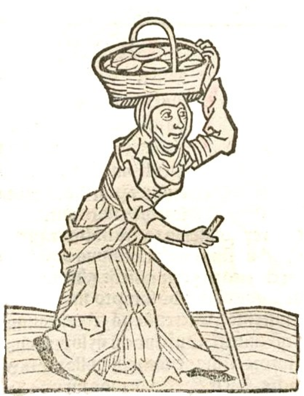 Eine entschlossene Frau mit einem Korb auf dem Kopf hält einen Stock, einfach gekleidet und mit starker Haltung.