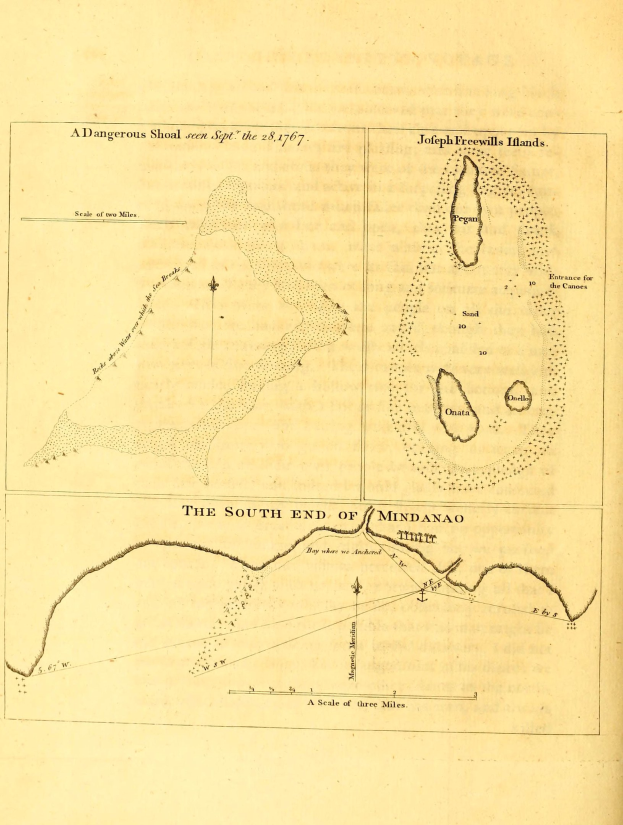 Altes Buch mit einer detaillierten 1767-Karte des S"udlichen Endes von Mindanao, die eine gef"ahrliche Sandbank und begleitenden Text zeigt.