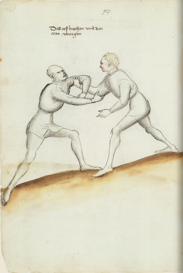 Zwei Männer in einer körperlichen Auseinandersetzung, einer wirft einen Schlag, steht auf einem Papier mit Text.