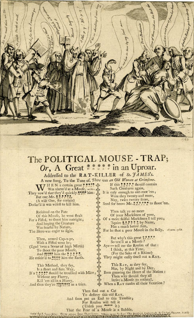 Politischer Cartoon mit dem Titel "Die politische Mausefalle, oder, ein großer Rattenkiller in Aufruhr", der besorgte Menschen in einer chaotischen Szene zeigt.