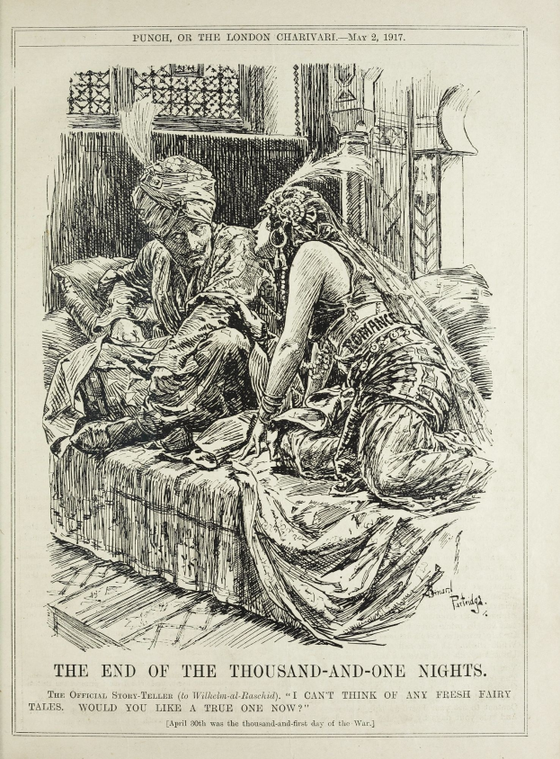 Eine Papierreißzeichnung zeigt einen Mann und eine Frau in einer romantischen Umarmung auf einem Sofa mit dem Text "Das Ende der Tausendundeinenacht" unten.