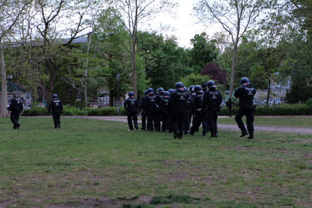 Polizeibeamte in schwarzen Uniformen und Helmen, die über ein grünes Feld mit Bäumen, Pflanzen und Gebäuden im Hintergrund unter einem klaren blauen Himmel gehen.