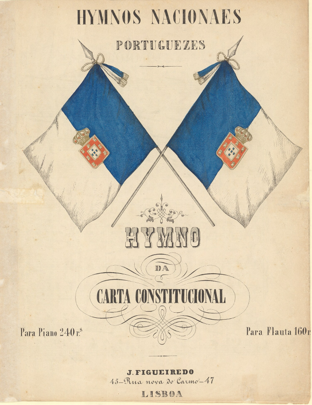 Plakat mit zwei Flaggen, einer blauen und einer weißen, mit der Aufschrift "Hymnos Nacionales Portugueses."