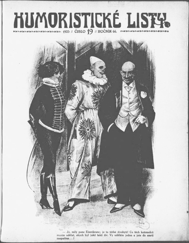 Schwarzes und weißes Plakat aus dem Jahr 1923 mit dem Titel 'Humoristische Liste', das drei Menschen mit menschlichen Gesichtern in der Mitte zeigt.