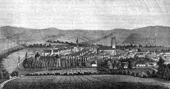 Eine Schwarz-Weiß-Zeichnung einer kleinen Stadt in einem Tal umgeben von Bäumen und Hügeln mit dem Text "Bayern, Deutschland, 1857" oben.