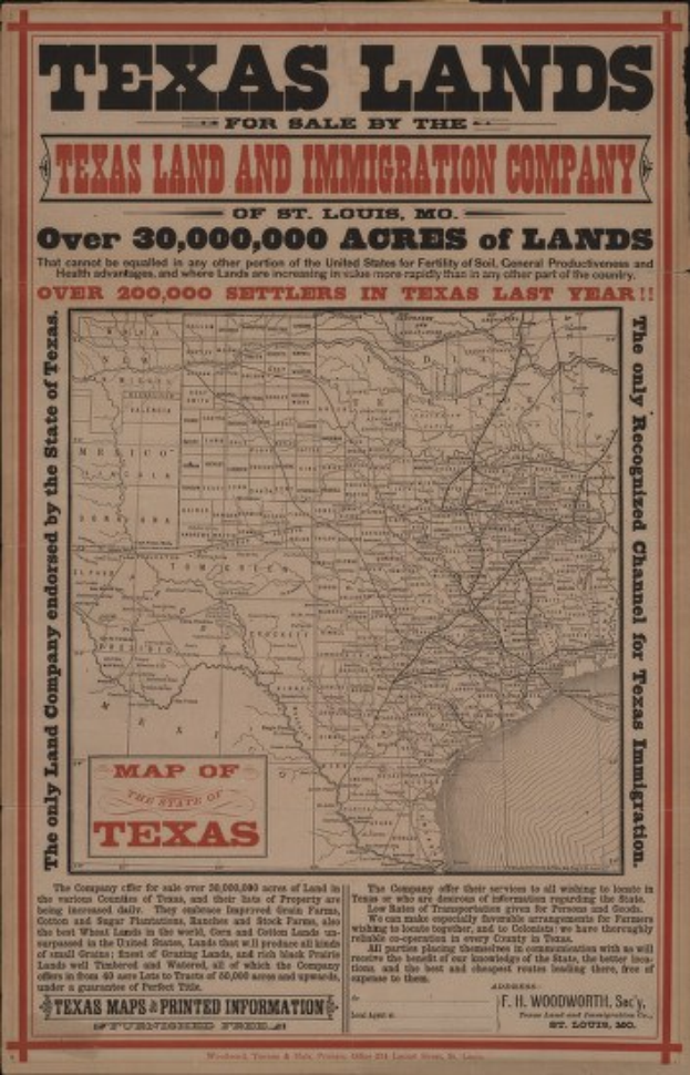Ausführliche alte Karte der Texas Land und Immigration Company auf schwarzem Hintergrund, die Land- und Einwanderungsunternehmen in Texas mit begleitendem Text zeigt.