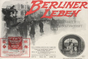 Eine nostalgische deutsche Zeitungsanzeige für "Berliner Leben", die eine lebhafte Stadtkulisse mit zahlreichen Menschen, hohen Gebäuden und einer Brücke im Hintergrund zeigt, mit dem Text "Berliner Leben" in fetter, schwarzer Schrift deutlich hervorhebend.
