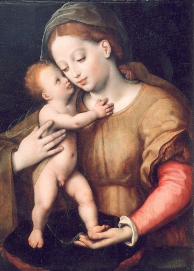 Gemälde mit dem Titel 'Madonna und Kind' von Giovanni Bellini zeigt eine Frau in einem weißen Gewand, die ein Baby auf dem Arm hält, vor einem dunklen Hintergrund, wobei beide Figuren sanfte Ausdrücke zeigen.