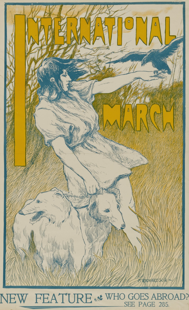 Plakat für den Internationalen Marsch mit einer Frau mit einem menschlichen Gesicht und einem Hund, mit Text, der die Ereignisdetails angibt.