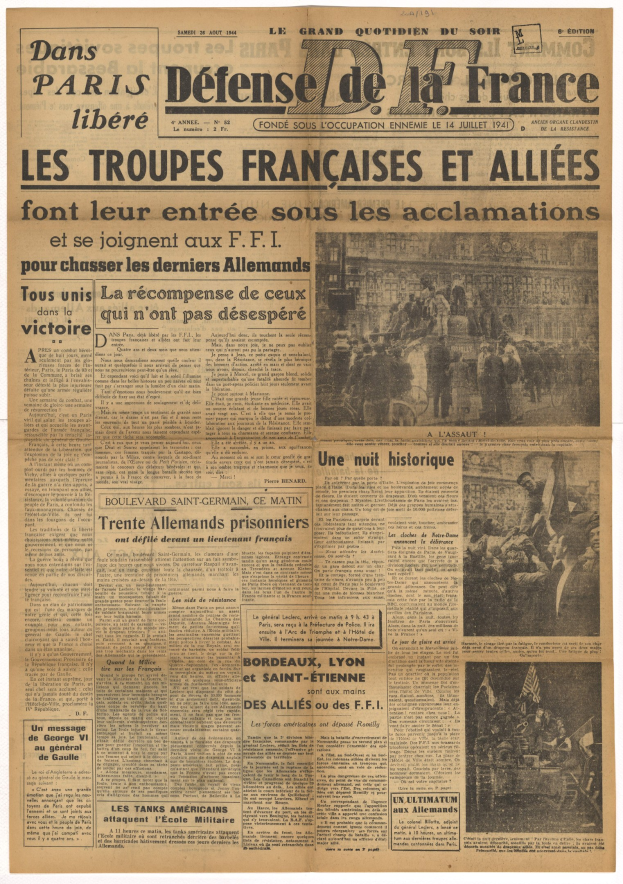 Titelseite der französischen Zeitung *Defense de la France* mit schwarzem Text und zwei Bildern: einem Mann im Anzug und Schlips mit ernster Miene, der zur Seite schaut.