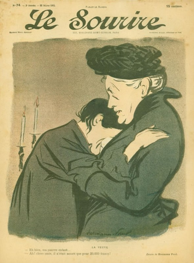 Eine Frau, die einen Mann auf dem Cover einer Zeitschrift umarmt, mit warmem Gesichtsausdruck und textgefülltem Hintergrund.