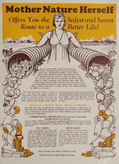 Plakat mit einer Frau in einem weißen Kleid, die eine Pfeife hält, und dem Text "Mother Nature Herself Offers You the Safest and Surest Route to a Better Life" auf einem hellblauen Hintergrund mit weißen Wolken, umrandet in Gelb.
